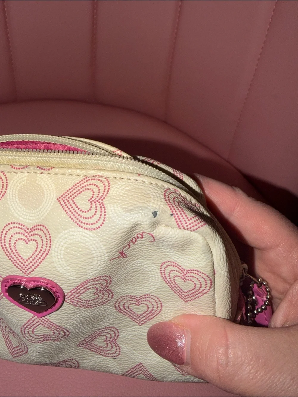 Coach White and Pink Waverly Hearts Small Cosmetic Pouch